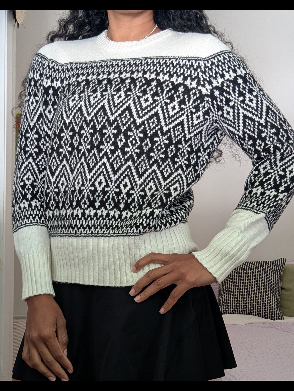 LOFT Black and White Fair Isle Crewneck Sweater